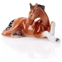 Wagner, Deko Figuren + Skulpturen, 977/40 - Porzellanfigur Pferd liegend, 7 cm, braun lackiert