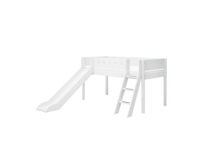 Lit mi-hauteur - FLEXA - avec toboggan - Échelle inclinée - MDF - Blanc