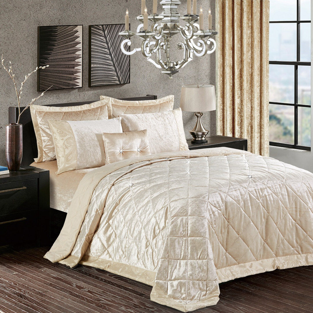 Mercer41 Santiago Crushed Velvet Bedspread Set Premium Soft Microfiber Reverse and Standard Pillow Shams Beige 250 x 255cm Bedspread + 2 Shams