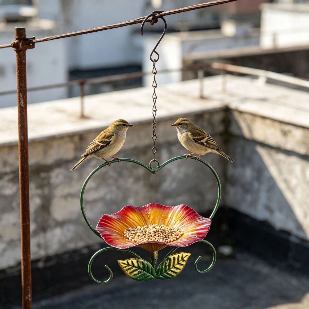 INF Mangeoire en fer Coeur et Fleur - Mangeoire de jardin multifonctionnelle avec piquet, plateau à graines décoratif Rouge