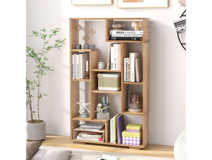 Bibliothèque Géométrique 120 cm COSTWAY Etagères Ouvertes Etagère de Rangement Autoportante avec Kits Anti-basculement Naturel