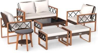 Costway 7 Pieces Patio Furniture Set PE Wicker Acacia Wood Outdoor Conversation Set