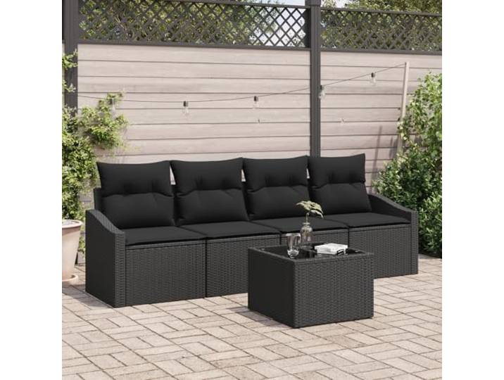HEFZGDB 5-teiliges Gartensofa-Set mit Kissen in Schwarz aus Poly Rattan für 4 Personen inklusive Couchtisch, wetterbeständig und modern für Terrasse und Balkon, Outdoor-Möbel