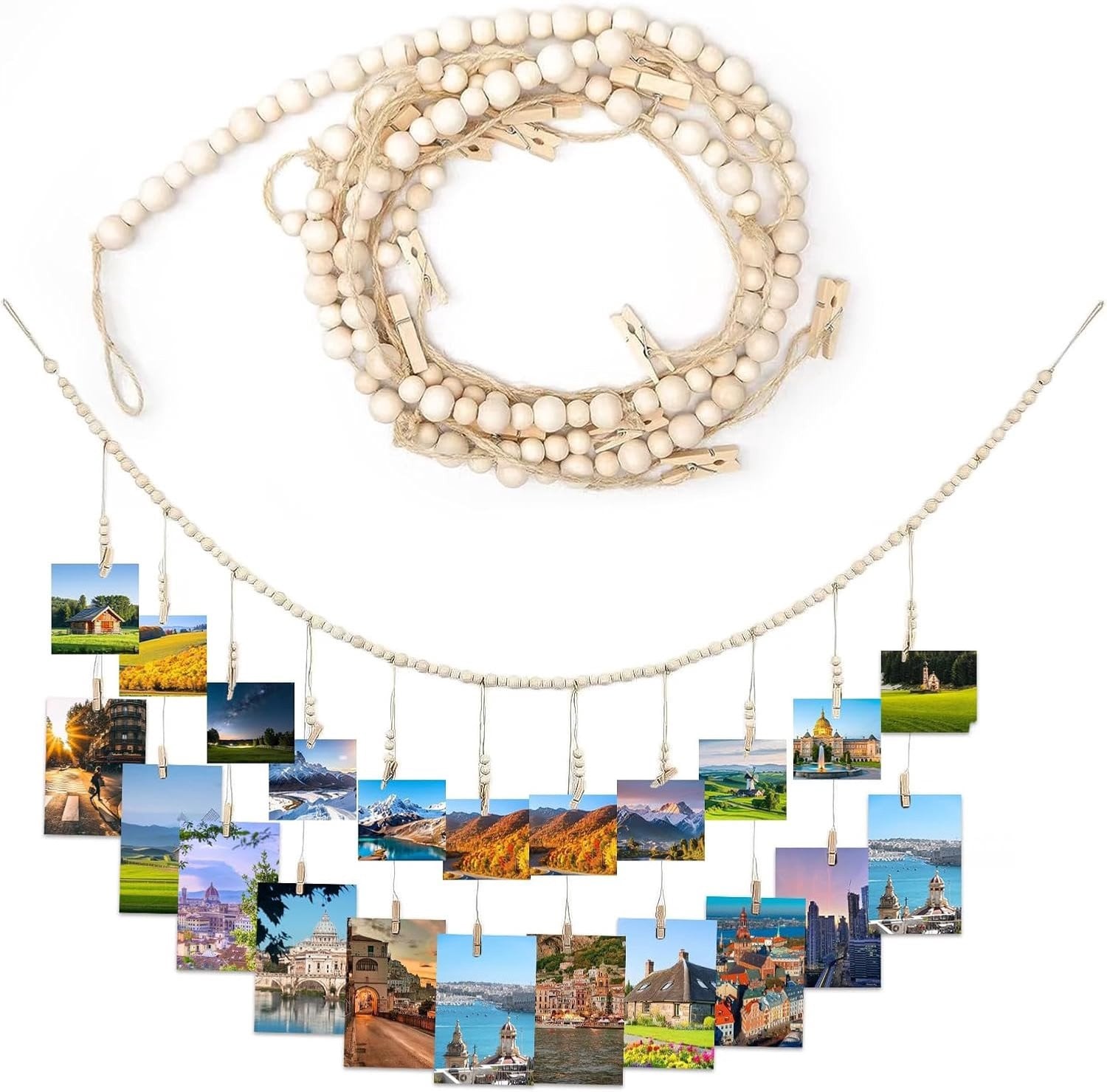 Houten Fotolijsten Collage Wanddecoratie met 22 Clips en Houten Kralen in Bohemian Stijl