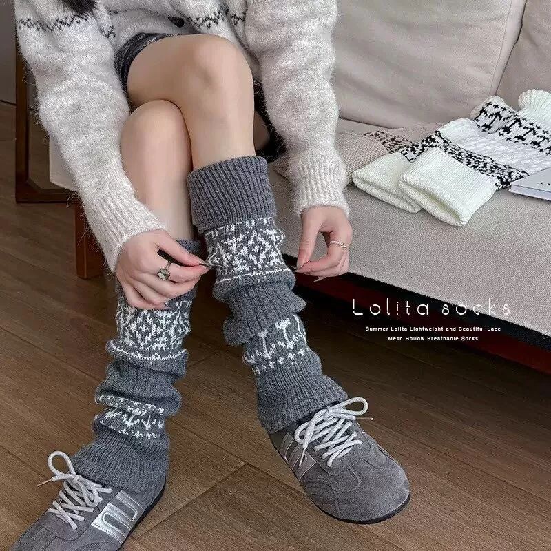 INF Fair Isle Stil Wadenstulpen - Dicke & Warme Acrylsocken Dunkelgrau
