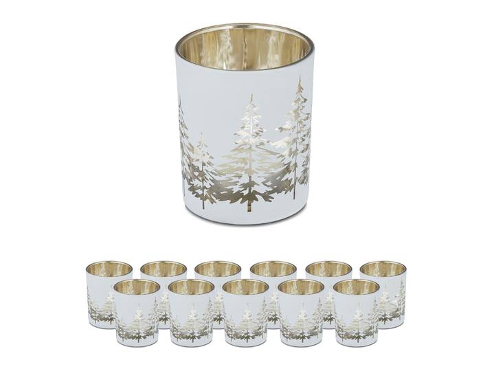 Teelichthalter Tannenbaum 12er-Set Weiss-Gold