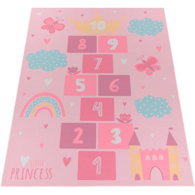 Kinderteppich PACO HOME "Bino 585", pink, B:100cm H:4mm L:200cm, Polyester, Teppiche, Kinderteppich, Spielteppich, Kurzflor, Motiv Regenbogen & Hüpfkästchen