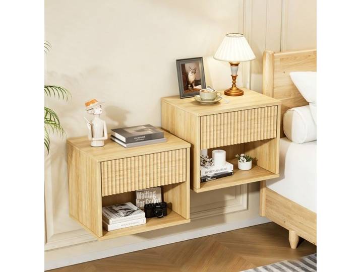Lot de 2 Table de Chevet Suspendue - VINGLI - 1 Tiroir et 1 Étagère - Table de Nuit pour Chambre à Coucher - 40 x 30 x 33cm - Chêne
