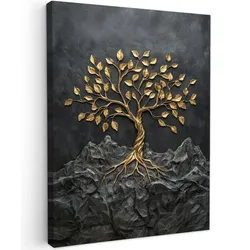 LEINWANDBILD Blätter - Gold - Baum - Fels Room Decor 30x40 cm