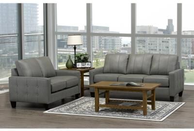 Roy Mid Century Modern Grey Top Grain Italian Leather Tufted Sofa and Loveseat