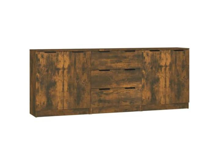GHVBNMF 3er Set Sideboard Räuchereiche Holzwerkstoff Kommode Schrank Dreiteiliges Möbel-Set mit Türen und Schubladen für Wohnzimmer, Flur oder Schlafzimmer, pflegeleicht in dunkler Holzoptik.