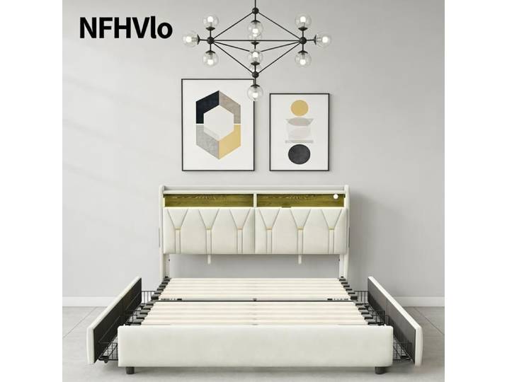 NFHVlo Lit double capitonné 140 x 200 cm cadre de lit lit coffre avec 4 tiroirs chargement USB et éclairage LED