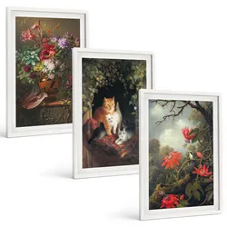BILDER SET 3er Set - 40x60 cm Weißer Rahmen - Vintage-Blumen, Katzen, Natur