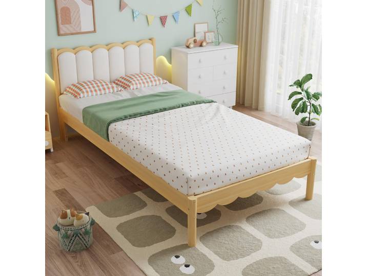 STILVORA Polsterbett 90x200 cm als Kinder-Einzelbett mit PolyurethanKopfteil und Wellen-Design, Kinderbett mit stabilem Lattenrost und Massivholzrahmen, Einzelbett Beige