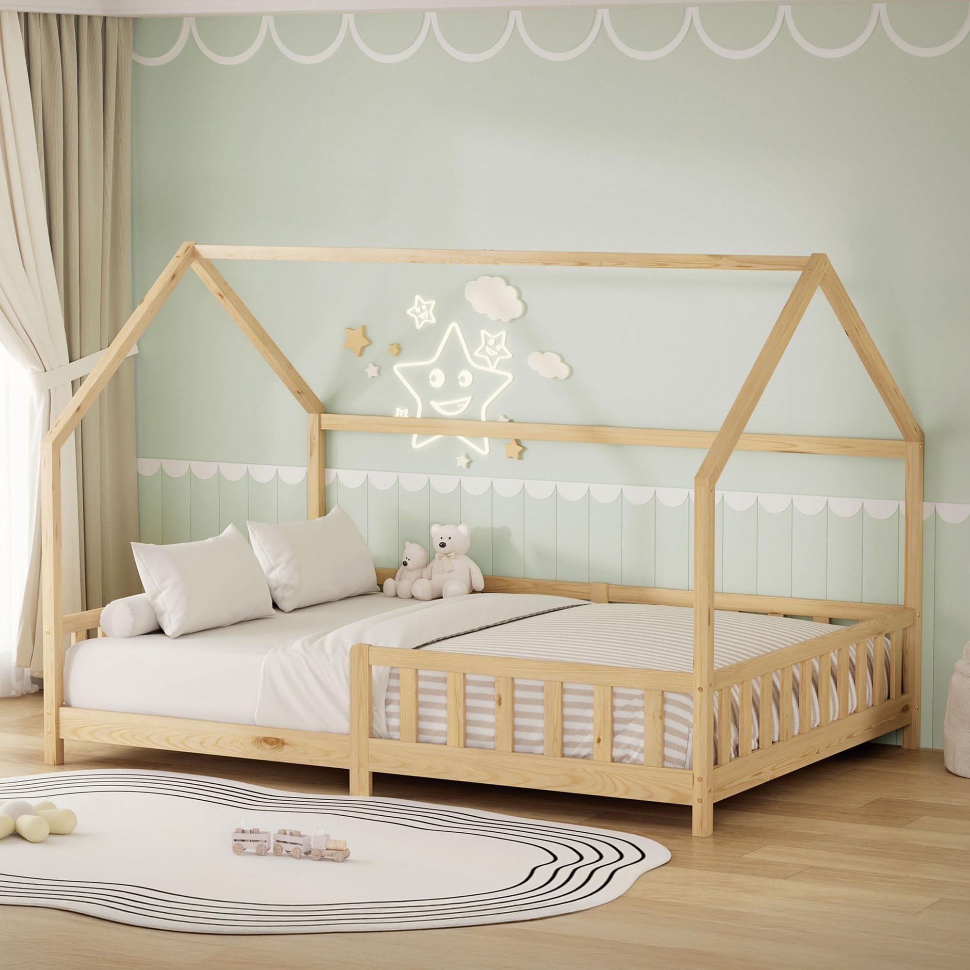 Hausbett 140x200 cm mit Absturzsicherung, Kiefernholz, natur