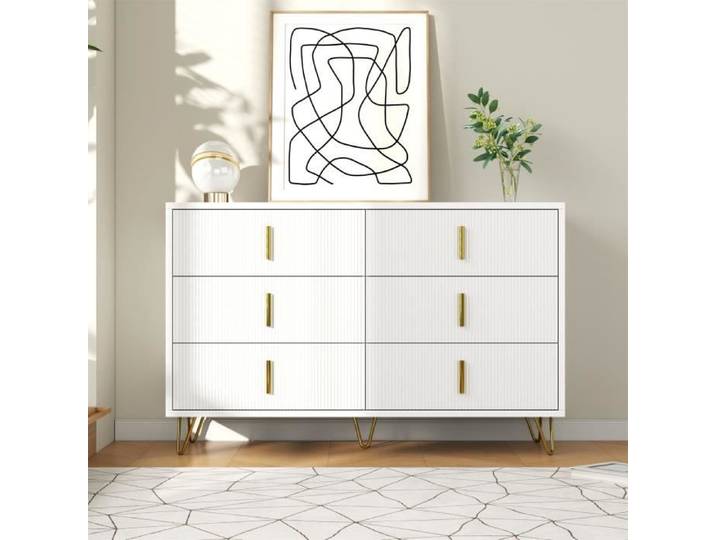Commode - DREAMMESPACE - 6 tiroirs - Blanc et doré - 120x77x40cm - Design moderne