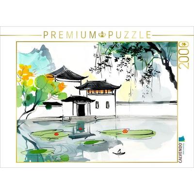 CALVENDO Puzzle Chinesische Tempelanlage am Seerosenteich. Tuschemalerei | 2000 Teile Lege-Größe 90x67cm Foto-Puzzle für glückliche Stunden