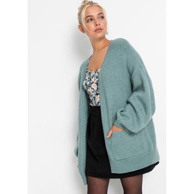 Strickjacke BONPRIX "Oversize-Strickjacke", Damen, Gr. 40/42 (M), grün (rauchsalbei meliert), Obermaterial: 75% Polyacryl, 22% Polyester, 3% Elasthan, oversize, Strickjacken Strickjacke, Oversize-Passform, mit aufgesetzten Taschen