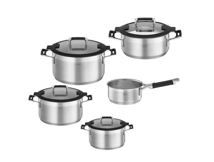 RÖSLE SILENCE PRO Topf-Set 5-tlg.,Edelstahl 18/10, Glasdeckel Universaltopfset mit 3 Kochtöpfen, 1 Bratentopf und 1 Stielkasserolle, Innenskalierung, induktions- und spülmaschinengeeignet