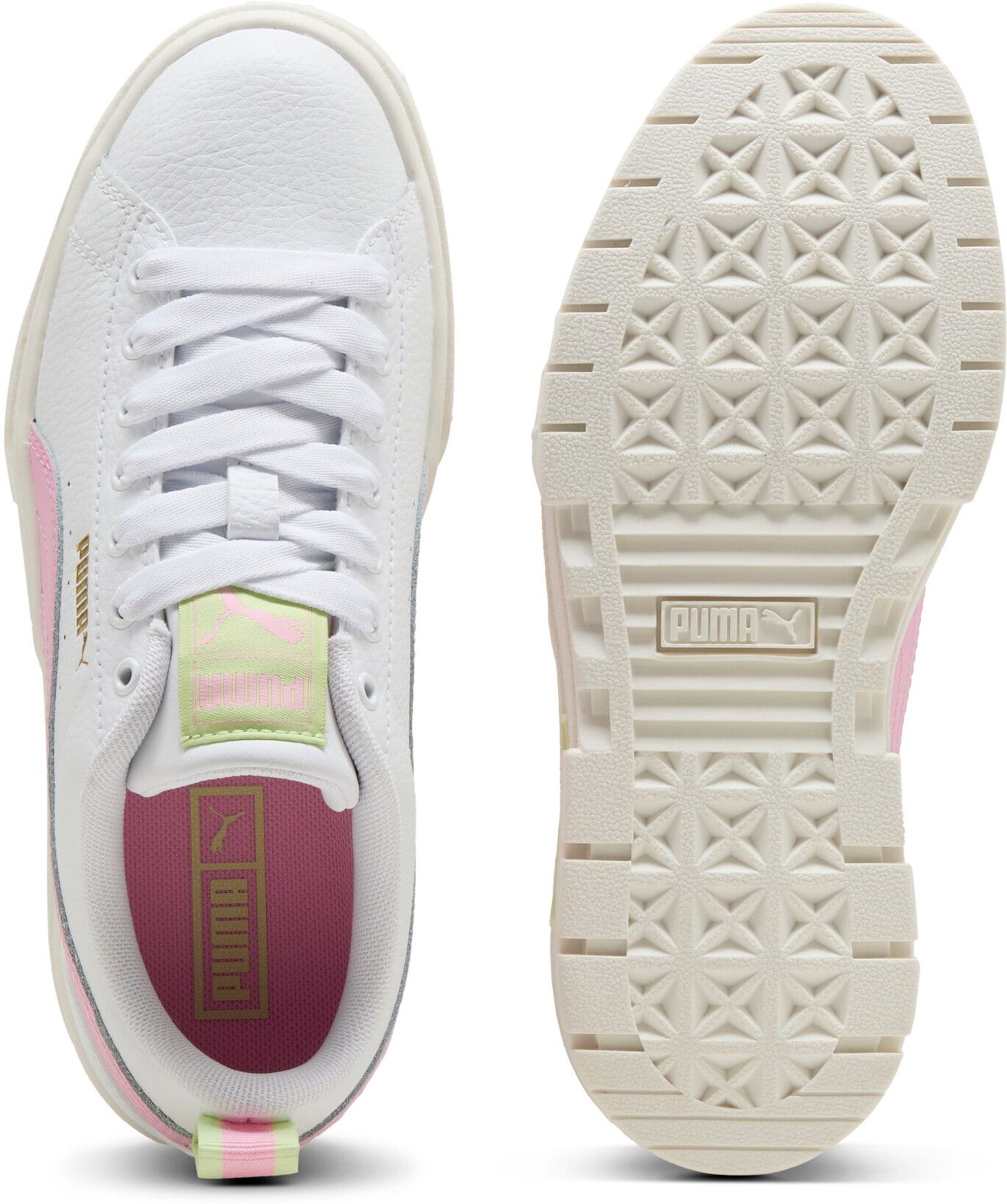 Sneaker PUMA "MAYZE LTH JR", Jungen, Gr. 38, Textil, pink (puma weiß, pink shimmer), Leder, unifarben, Schuhe Sneaker, mit strukturierter Plateau-Gummisohle, herausnehmbare Innensohle
