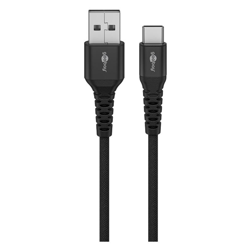 Goobay USB-C Supersoftes Textilkabel mit Metallsteckern, 3 m, schwarz (3 m, USB 2.0, 60 W) (74528)