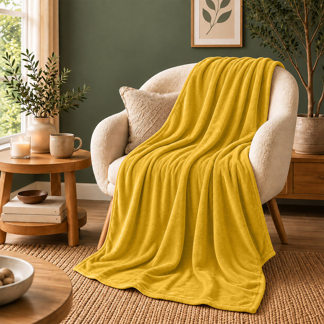 MOONLIGHT BEDDING Ultra-Soft Hotel Quality Reversible Plain Weave Fleece Throw Blanket YELLOW SINGLE