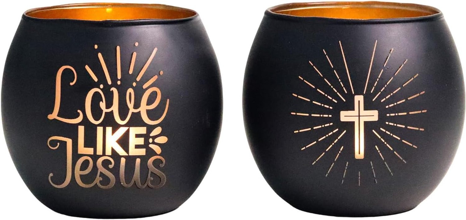 Set van 2 zwarte theelichthouders Love Like Jezus van gesatineerd glas met gouden binnenvoering