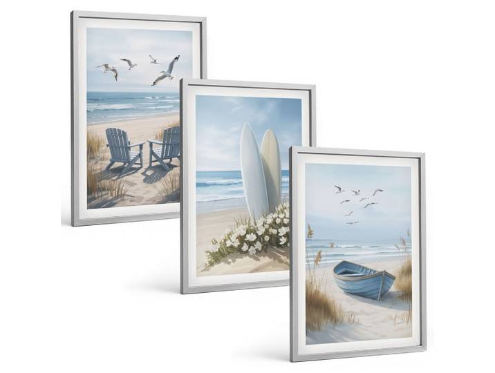 BILDER SET 3er Set - 40x60 cm Silberner Rahmen - Strand Surfbretter Vögel