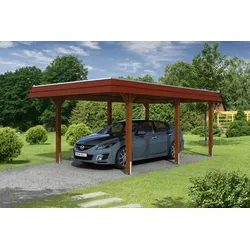 Carport Wendland 362x628 rote Blende, nussbaum, 20mm Dachschalung mit EPDM Folie Holzcarport