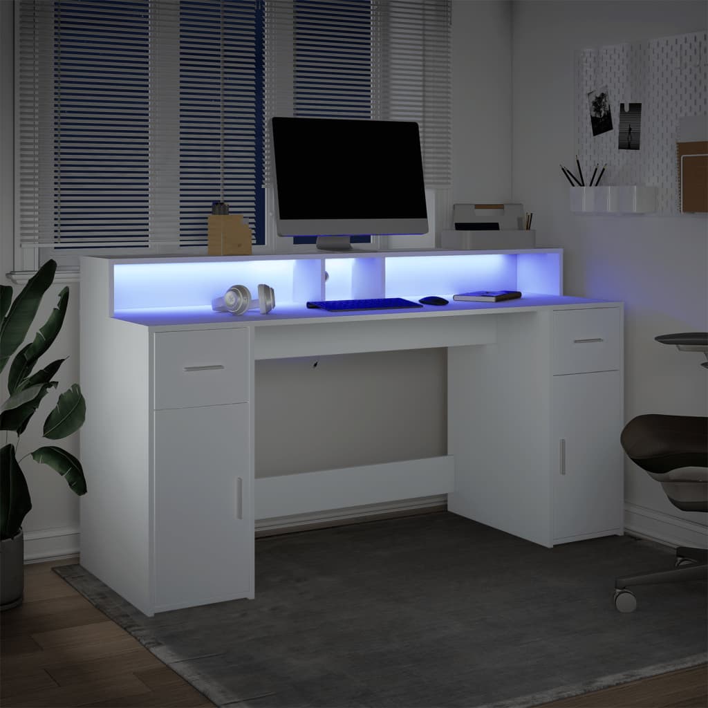 vidaXL Escritorio con luz LED madera ingeniería blanco 160x55x91 cm Blanco