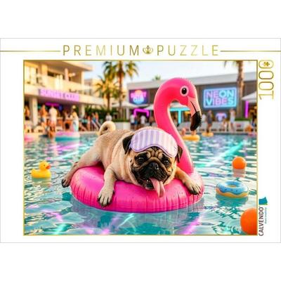 CALVENDO Puzzle Mops auf Flamingo Float Puzzle | 1000 Teile Lege-Größe 64x48cm Foto-Puzzle für glückliche Stunden