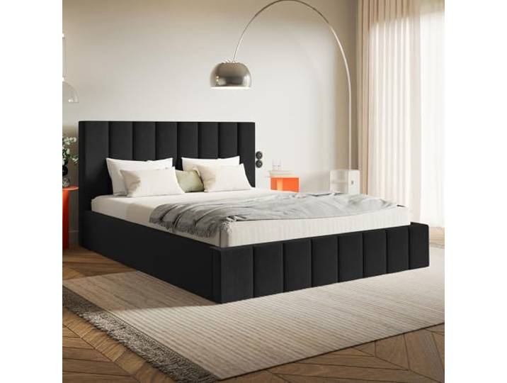 MOTIVENA Ibiza Bett 160x200 Schwarz Samt, mit Stauraum, mit Kopfteil, mit Lattenrost, ohne Füße, ohne Matratze, Polsterbett 160x200 mit Bettkasten Schwarz