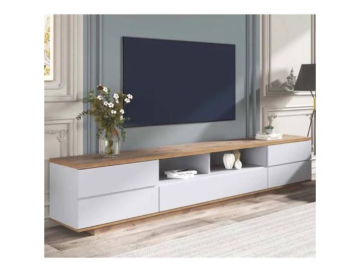 Meuble TV 180x38x46 cm Console TV avec 5 Portes 2 Niches Ouvertes Façades à Lattes et Poignées Cachées - Blanc/Bois