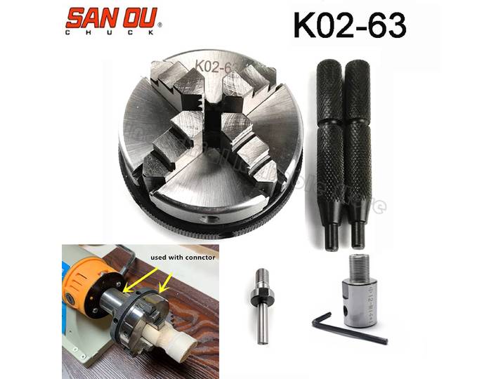 Mandrin manuel Sanou K02-63mm 2,5 pouces à 4 mors pour le travail du bois avec vis de montage, tige auto-centrante et bielle
