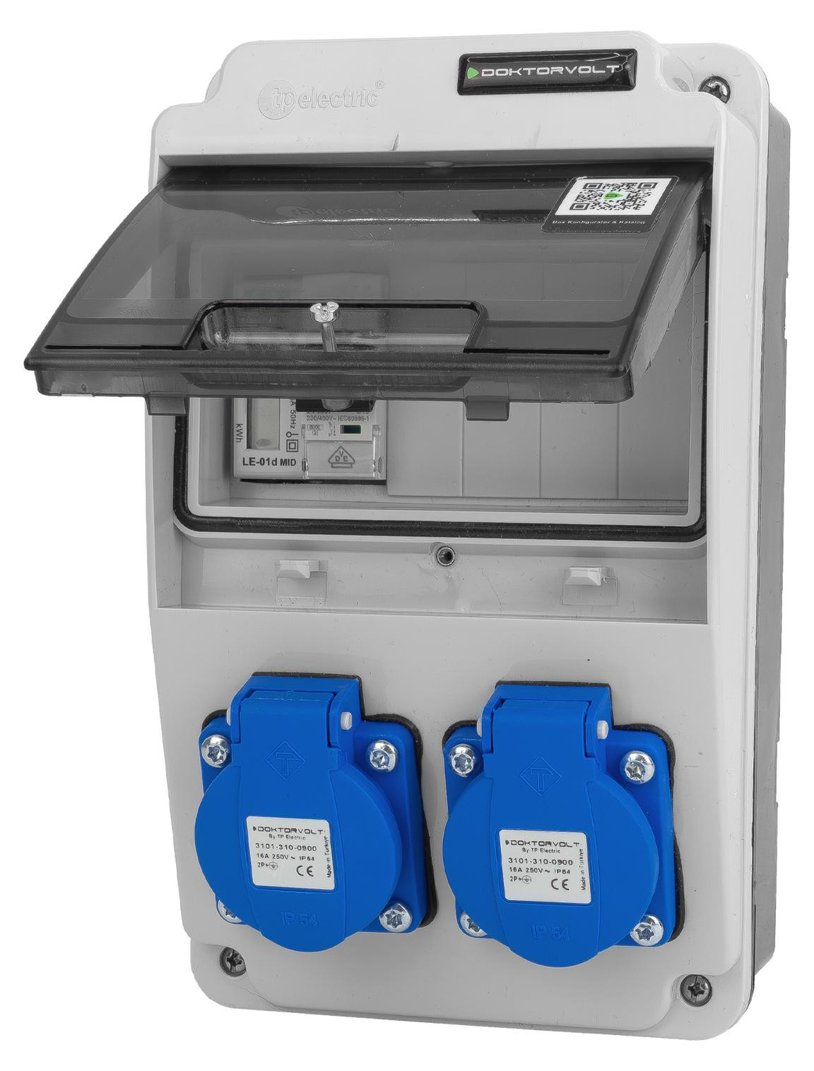 Doktorvolt Bouwstroomverdeeler XS, 2x230V, 16A, compact, IP44, met stroommeter DV-6814-D