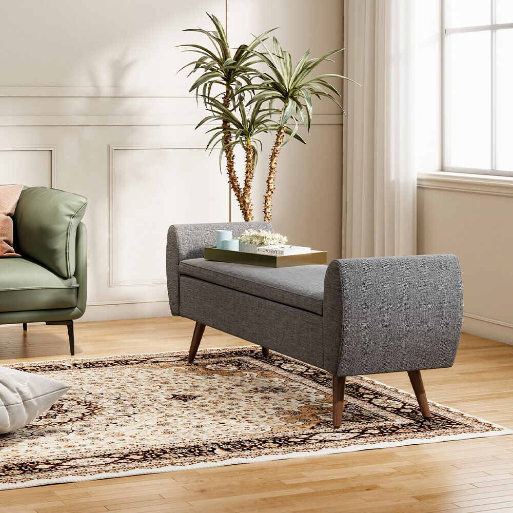Fjørde & Co Alamo Upholstered Storage Bench Grey Linen 55cm H X 151cm W X 47cm D