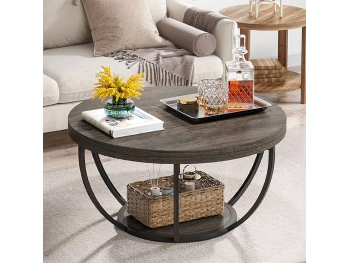 Tribesigns Runde Couchtisch, Industrial 2-Tier-Kreis Couchtisch mit Lagerung Regale, Moderne hölzerne Akzent Mitte Tisch Sofa Beistelltisch für Wohnzimmer, Home Office