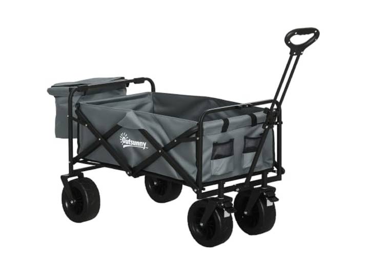 Outsunny Bollerwagen Faltbarer Transportwagen 100 kg Oxford Dunkelgrau Lastenwagen mit Kühltasche, Strandwagen mit Ausziehbarem Griff, Gartenwagen