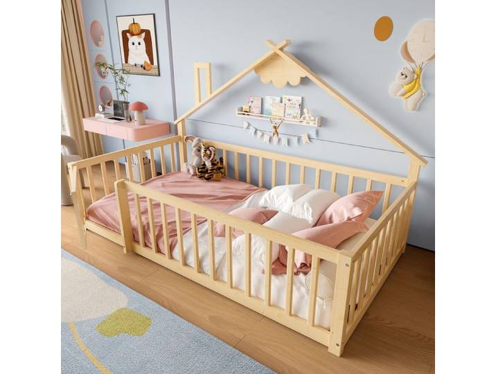 Lit enfant en bois - Dimensions 90x190 cm - Bois de pin naturel - Design maison de rêve - Garde-corps avec serrure