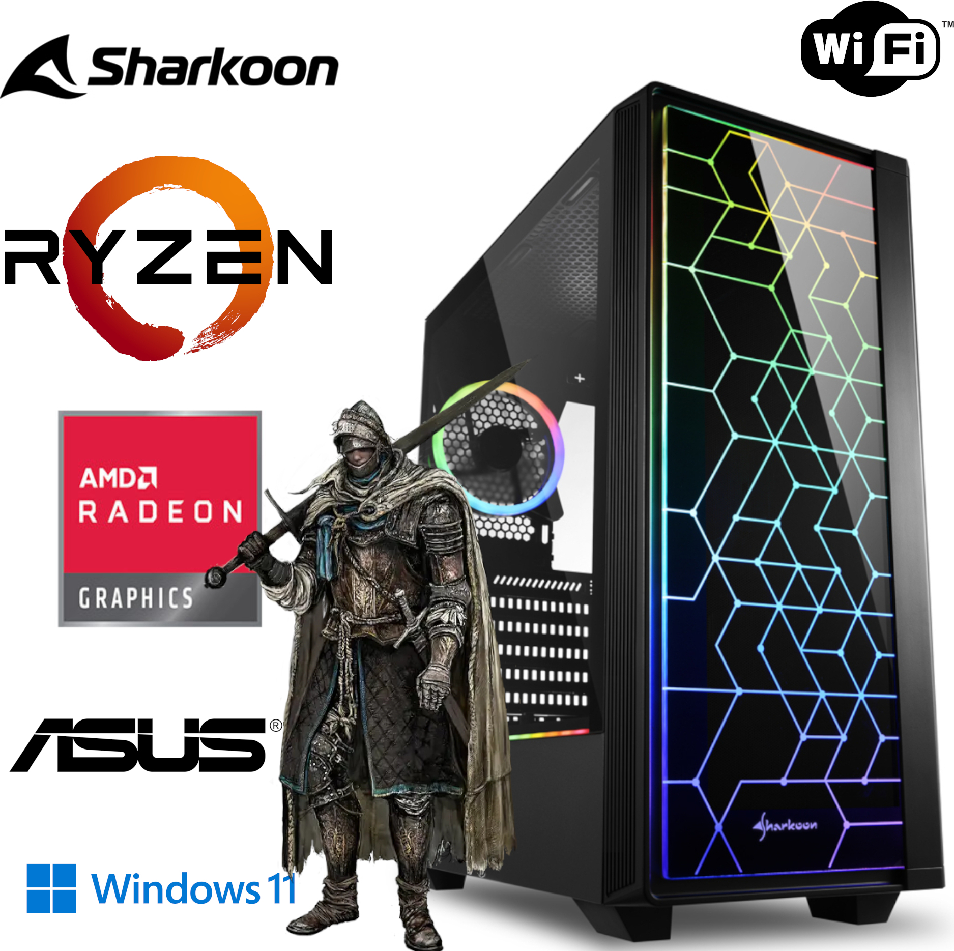 Gaming PC - Ryzen 5 5600G 6x 4,4GHz - 32GB RAM - 1TB M.2 SSD - SHARKOON RGB Gehäuse mit gehärtetem Glas - WLAN