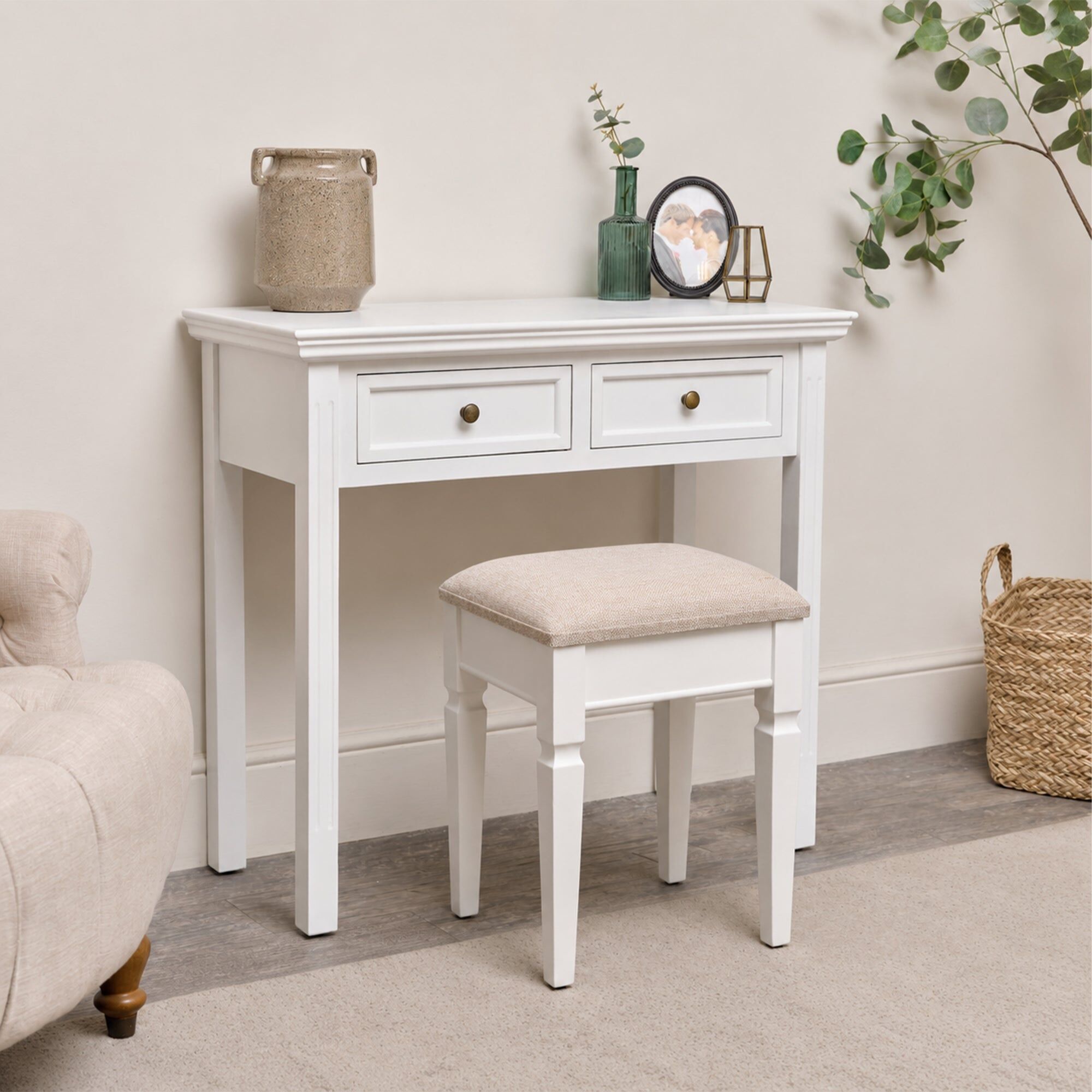 Large White 2 Drawer Dressing Table & Stool Set - Daventry White Range Wood, Cushion, Fabric