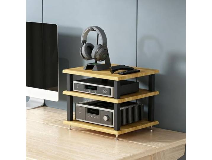YHTCSXMD HiFi Rack, Audio Rack mit Holzablagen in 2/3/4 Ebenen Holzablagen und Metallrahmen mit Metallspitzen; Audio Geräte Rack für Wohnzimmer, Arbeitszimmer oder Büro