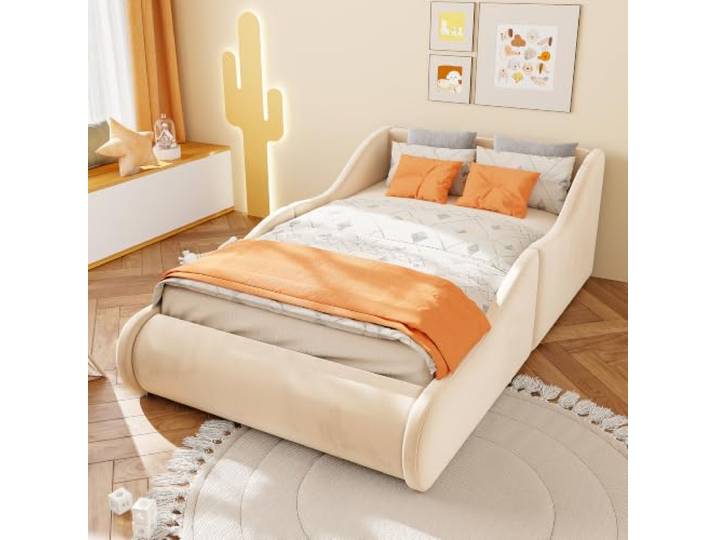 YAIXBNG Polsterbett Kinderbett 90 * 200 Weiches Samtbett mit hohem Kopfteil und Seitenschutzgittern, integrierte Matratze, Elegantes Beiges, Modernes Einzelbett(Ohne Matratze)
