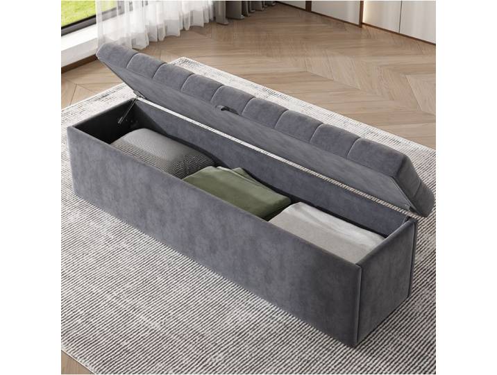 WOVREO banc coffre en velours gris 138 x 41 x 42 cm bout de lit avec rangement