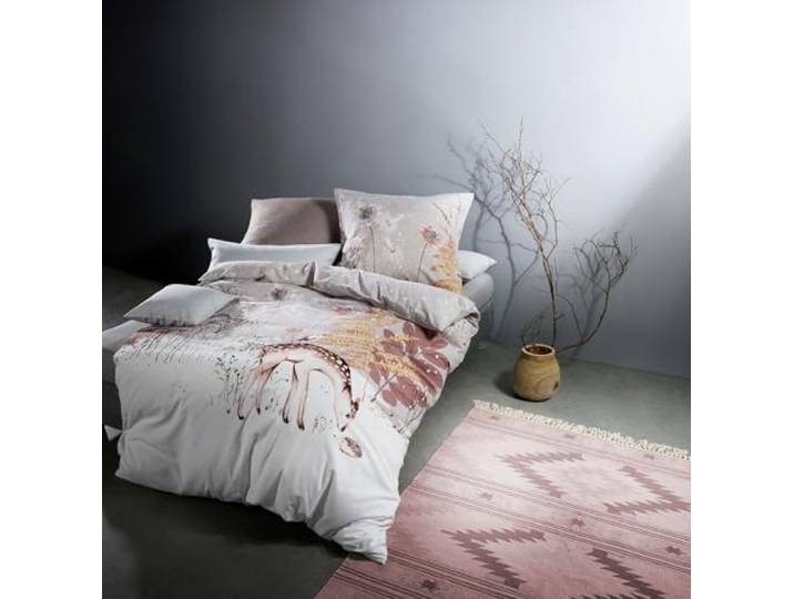 fleuresse Aspen Biber Bettwäsche 155x220 Rehe Bäume Winter Igel beige 434372-7