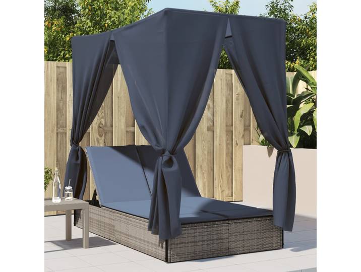 vidaXL Doppel-Sonnenliege mit Dach und Vorhängen Grau Poly Rattan
