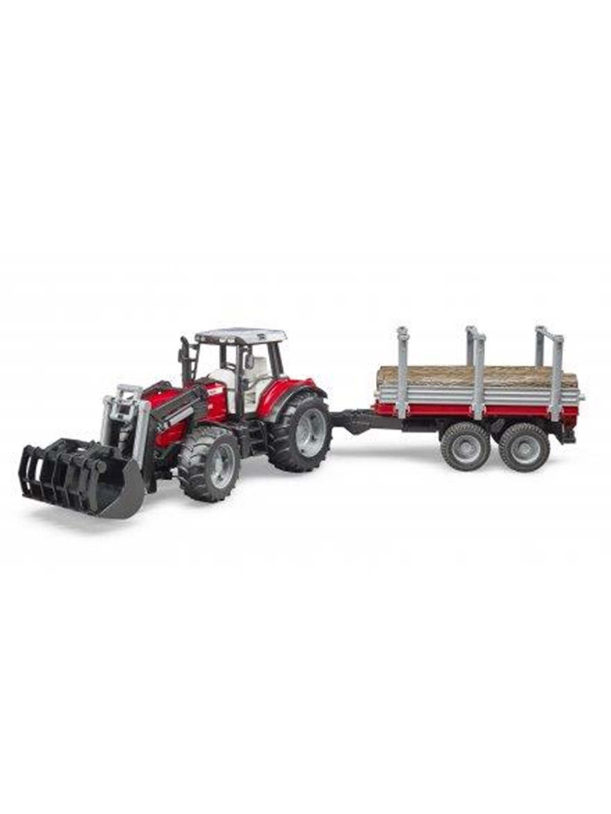 Bruder Massey Ferguson 7480 tractor with frontloader and timber trailer toy