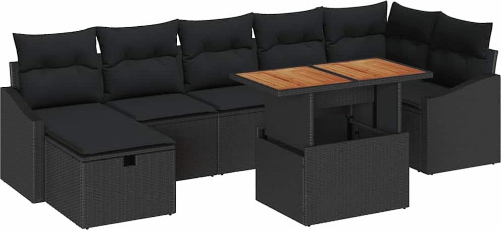 Garten-Sofa-Set, 8-teilig, für 7 Personen, Poly-Rattan Schwarz, robuster Stahlrahmen, Akazienholz-Oberfläche, höhenverstellbar