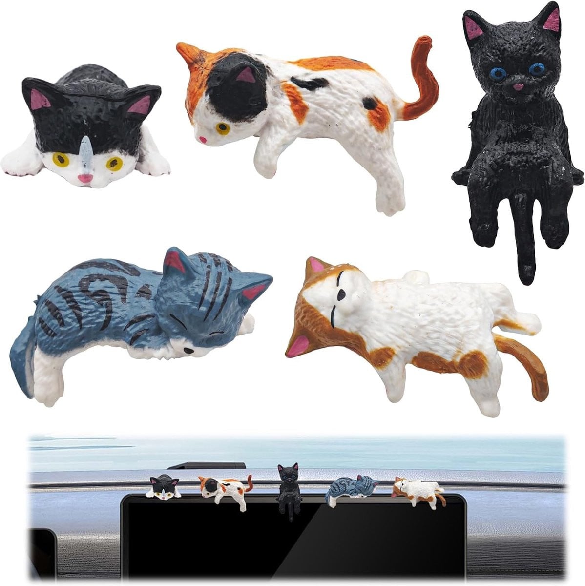 Schattige mini kat beeldjes van hars voor op je bureau, computer of dashboard