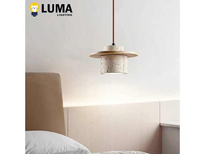 Luma Wabi-Sabi Style jaune travertin suspension avec lampe de chevet ronde en bois lustre maison E27 ampoule lumières en pierre naturelle